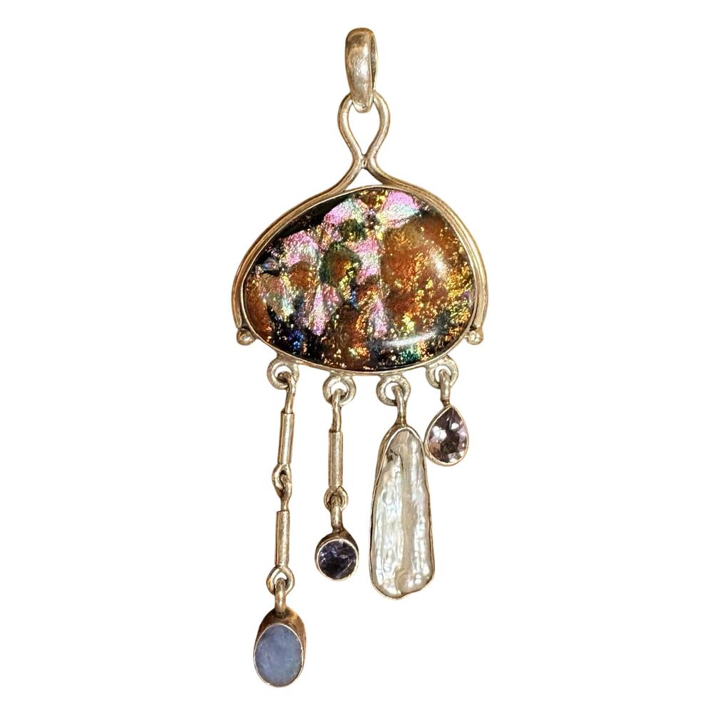 Eclectic Pendant Sterling Silver, Dichroic Glass with Multiple Stone Dangles